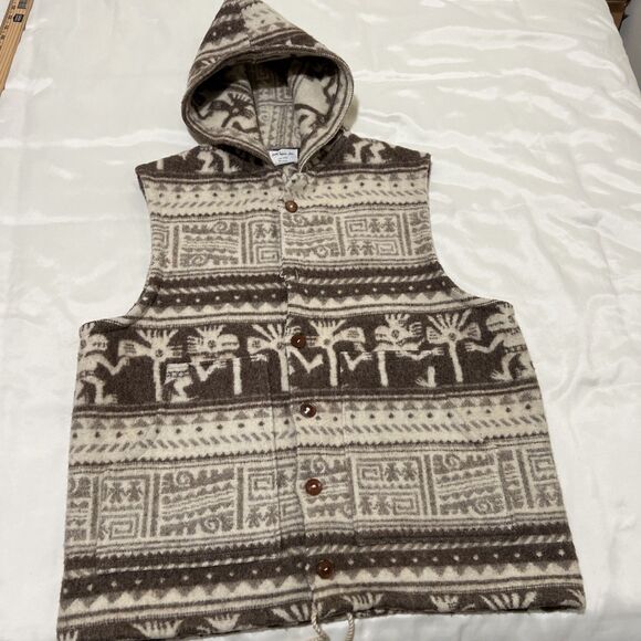 Wool Ecuador Hoodie Vest Aztec Southwestern Tribal Pockets XL MISSING BUTTON - Picture 1 of 11